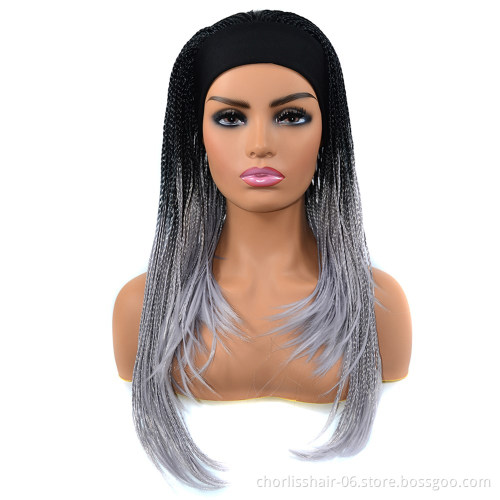 Wholesale Grey Black Blonde Box Braids Turban Wigs Ombre Afro Synthetic Heat Synthetic Hair Wigs Headband Attached For Women